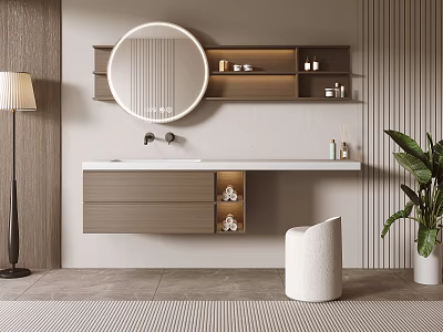 Modern Bathroom Interior With Round Mirror Wall Mounted Vanity Wooden Drawers And Potted Plant 3d model