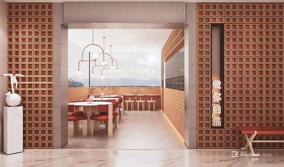 Modern Open Café Interior With Wooden Grid Walls Pendant Lights Red Chairs And Scenic Views 3d model 