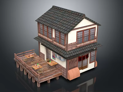 Traditional Two story House Featuring Black Tile Roof Wooden Deck and White Walls 3d model