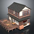 Traditional Two story House Featuring Black Tile Roof Wooden Deck and White Walls