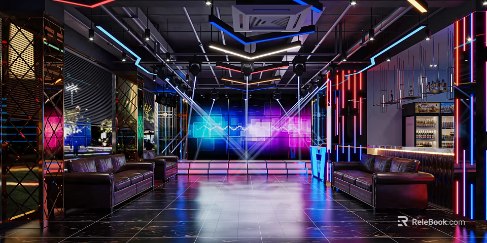 Modern Style Bar With Neon Lights Spacious Interior Leather Sofas Stage And Projection Screen 3d model 
