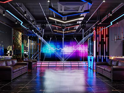 Modern Style Bar With Neon Lights Spacious Interior Leather Sofas Stage And Projection Screen 3d model