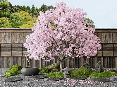 Blooming Cherry Blossom Tree With Pink Flowers Wooden Fence Stone Lantern And Mossy Gravel 3d model