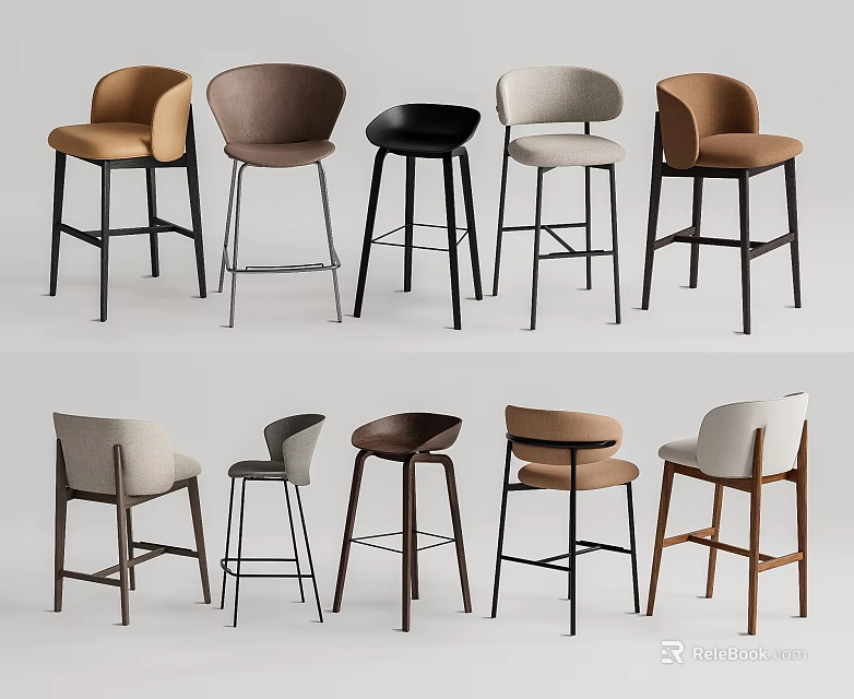 Modern Upholstered Bar Stools In Brown Beige Black With Wooden Metal Legs 3d model 