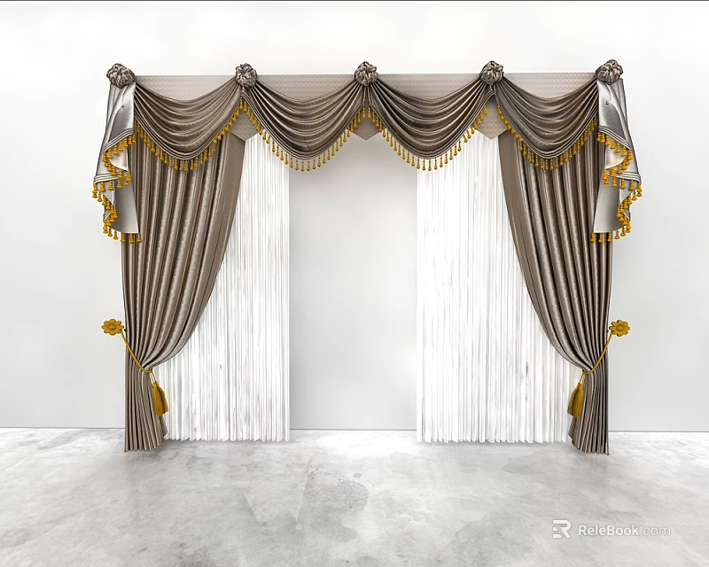 Elegant Brown Curtains With Gold Accents And Sheer White Panels Design 3d model 