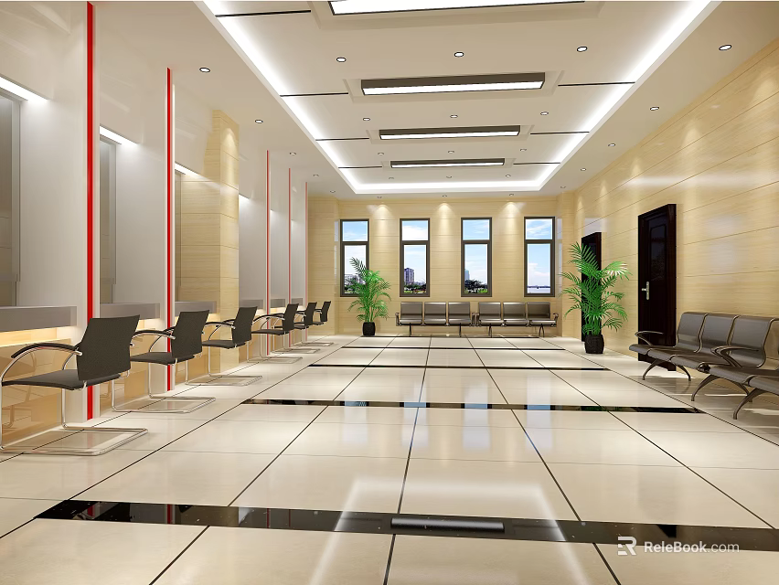 Spacious Bright Service Hall With Neat Seats Green Plants Marble Floor Wooden Walls And Windows 3d model 