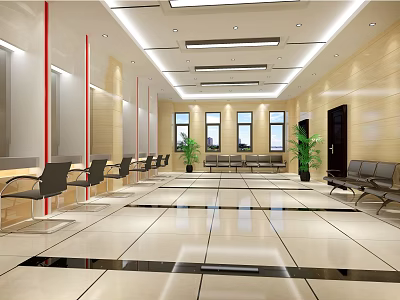 Spacious Bright Service Hall With Neat Seats Green Plants Marble Floor Wooden Walls And Windows 3d model