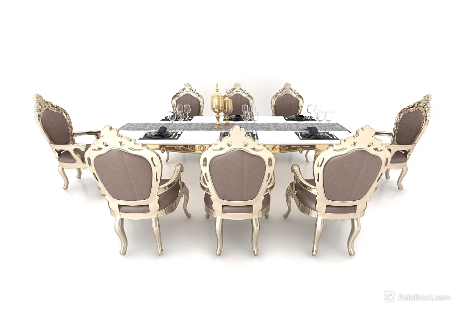 Luxurious Classic Dining Table Set With Carved Chairs Upholstered Seats And Golden Frame 3d model 