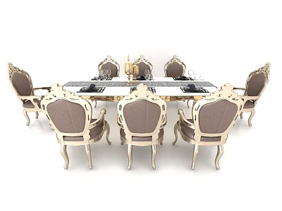 Luxurious Classic Dining Table Set With Carved Chairs Upholstered Seats And Golden Frame 3d model