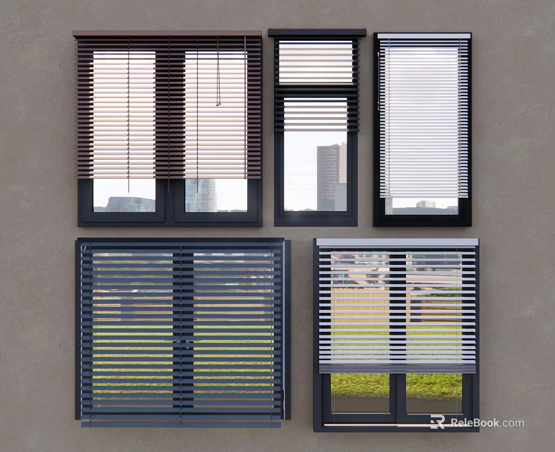 Various Window Blinds Styles For Home Windows With Exterior Building And Greenery Views 3d model 
