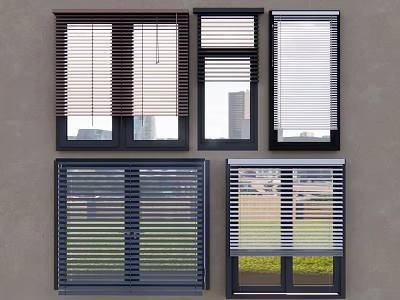 Various Window Blinds Styles For Home Windows With Exterior Building And Greenery Views 3d model