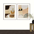 Two Abstract Paintings With Neutral Tones Hanging On Wall And Wooden Stool With Dried Plants