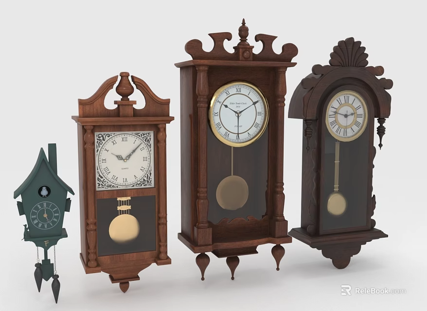 Decorative Vintage Wooden Wall Clocks With Various Designs And Pendulum Features 3d model 