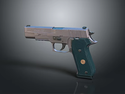 Modern Metallic Semi Automatic Handgun With Green Grip And Emblem Design 3d model