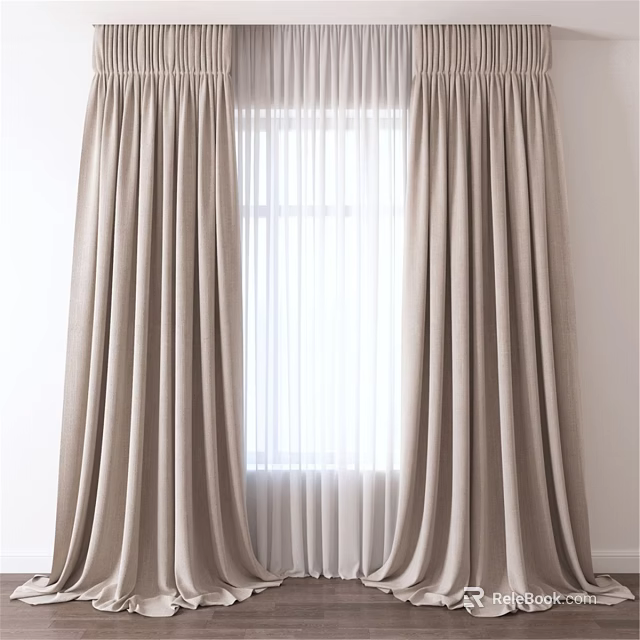 Beige Thick Curtains With Sheer Panels For Modern Window Decoration 3d model 
