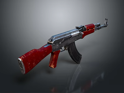 AK Assault Rifle With Red Wooden Stock Grip Black Magazine And Metal Components 3d model