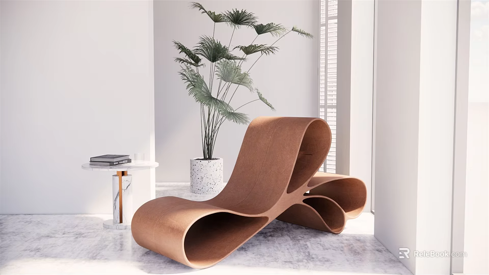 Modern Curved Lounge Chair Interior With Green Plant And Side Table Books 3d model 