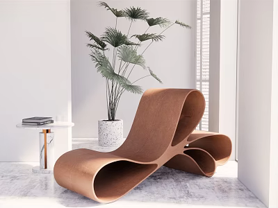 Modern Curved Lounge Chair Interior With Green Plant And Side Table Books 3d model