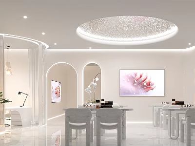 Modern Beauty Salon Interior With White Arched Doorways Round Ceiling Light And Nail Art 3d model