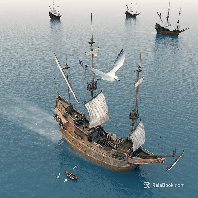 Wooden Ship With White Sails Sailing On Blue Ocean With Flying Seagull And Other Ships 3d model 