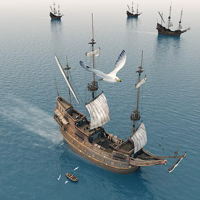 Wooden Ship With White Sails Sailing On Blue Ocean With Flying Seagull And Other Ships 3d model