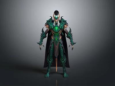 Fantasy Warrior Character with Intricate Green Black Armor Spiked Details and Flowing Cloak Design 3d model