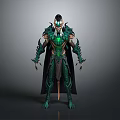 Fantasy Warrior Character with Intricate Green Black Armor Spiked Details and Flowing Cloak Design