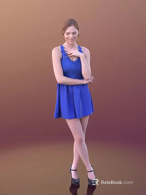 A Woman In Blue Sleeveless Dress Standing With Crossed Arms Against Brown Gradient Background 3d model 