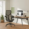 Modern Study Room Interior With Wooden Desk Black Mesh Chair Computer Monitor And Natural Light