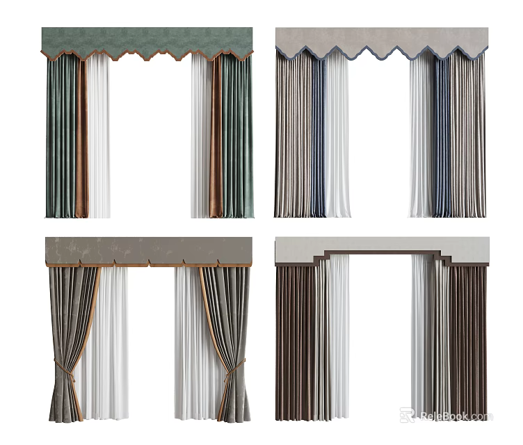 Layered Curtains With Scalloped Valance Top In Various Colors For Home Decor 3d model 