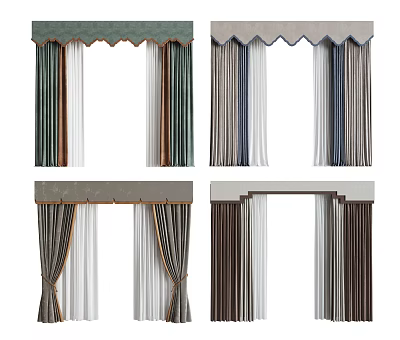 Layered Curtains With Scalloped Valance Top In Various Colors For Home Decor 3d model