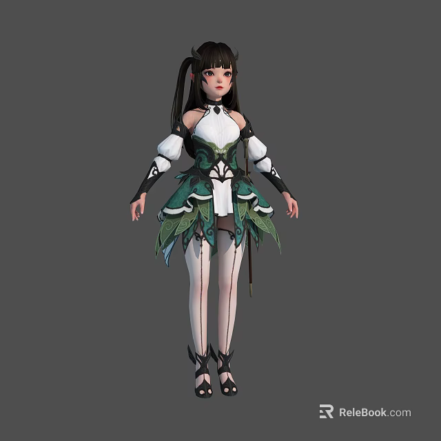 3D Fantasy Female Character with Ponytail Hairstyle in White Green Outfit and Leafy Plant Decorations 3d model 