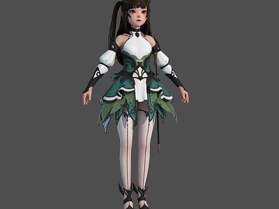 3D Fantasy Female Character with Ponytail Hairstyle in White Green Outfit and Leafy Plant Decorations 3d model
