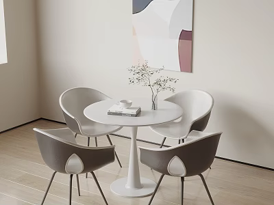 Modern Dining Table And Chairs Set With Round Top Gray Seats And Abstract Wall Art 3d model