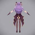 Fantasy Game and Movie Character With Purple Long Hair Horns Purple Gold Outfit Long Gloves