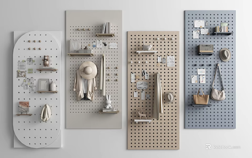 Modern Pegboard Wall Decor With Various Hats Bags And Accessories 3d model