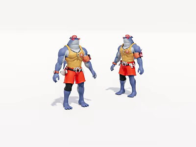 Game Movie Character With Blue Skin Red Hat Yellow Top And Red Shorts Arm Armor 3d model