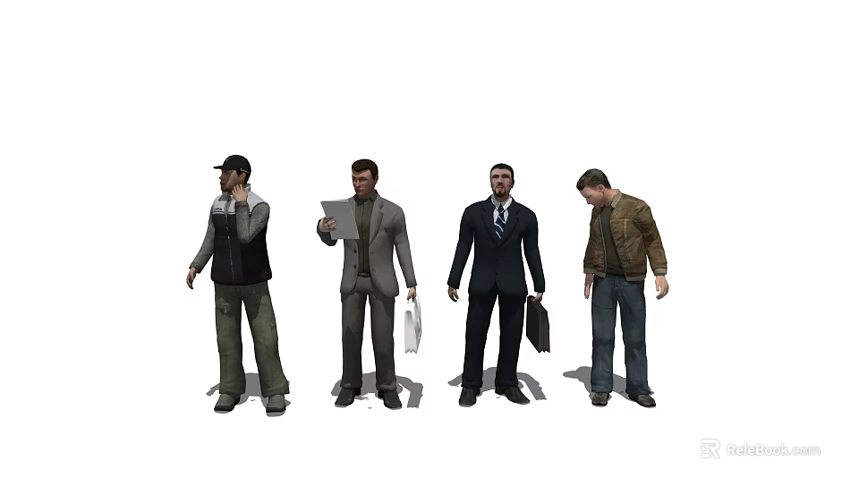 Men in Various Attire Standing in a Line Holding Briefcases and Documents 3d model 