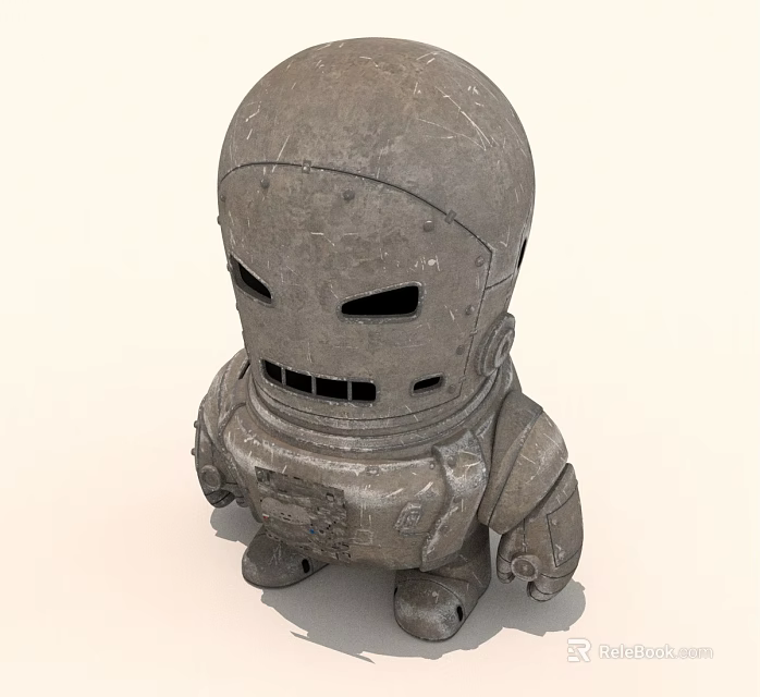 Grey Vintage Metallic Robot Figurine With Dome Head And Armored Body 3d model 