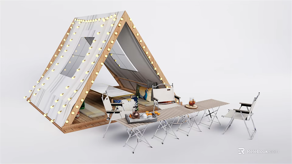 Cozy White Camping Tent With String Lights Foldable Table And Chairs Setup 3d model