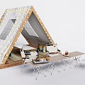 Cozy White Camping Tent With String Lights Foldable Table And Chairs Setup 3d model
