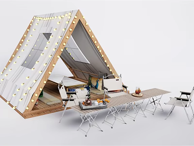Cozy White Camping Tent With String Lights Foldable Table And Chairs Setup 3d model