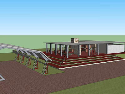 Modern Detached Villa Exterior With Wooden Platform Steps And Awning Structure 3d model