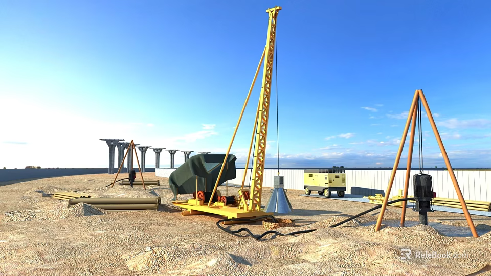 Road Infrastructure Construction Site With Yellow Drilling Machine Gravel Ground And Blue Sky 3d model 