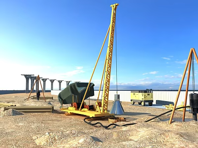 Road Infrastructure Construction Site With Yellow Drilling Machine Gravel Ground And Blue Sky 3d model
