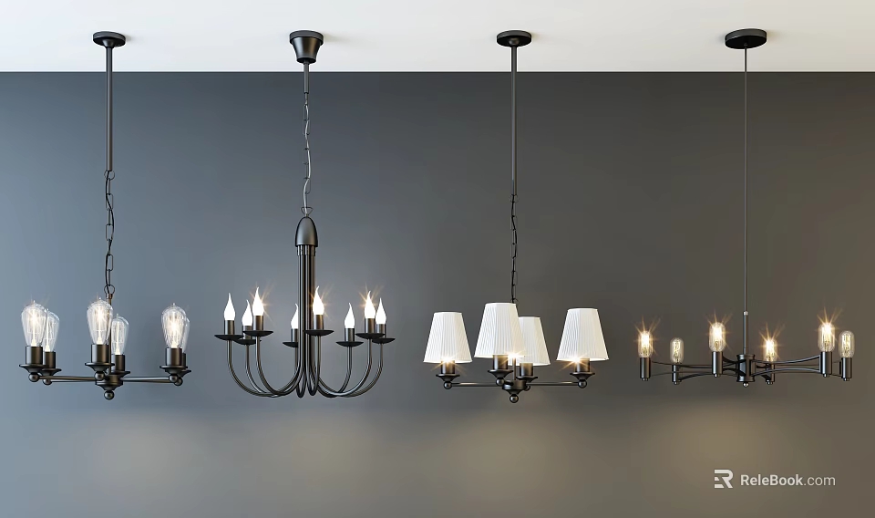 Modern Chandelier Designs With Black Metal Frames Multiple Bulbs And Fabric Shades For Home Decor 3d model 