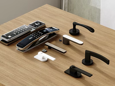 Assorted Modern Door Handles With Smart Lock Features Displayed On Wooden Table 3d model