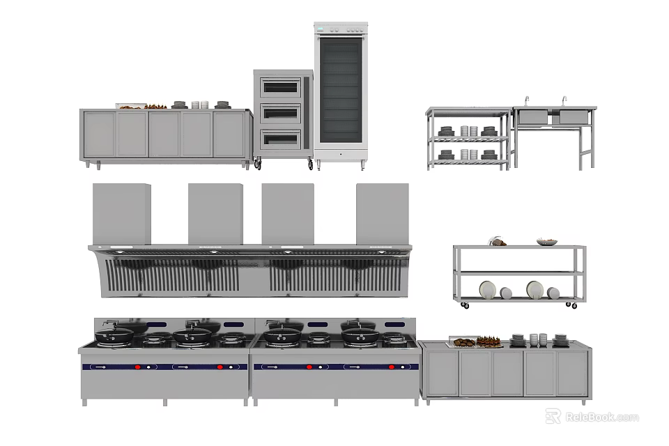 Professional Commercial Kitchen Appliances With Stainless Steel Ovens Stoves Refrigerators And Worktables 3d model 