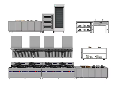 Professional Commercial Kitchen Appliances With Stainless Steel Ovens Stoves Refrigerators And Worktables 3d model
