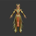 Game and Movie Character with Ornate Gold Red Costume Elaborate Headpiece 3D Designed Traditional Patterns